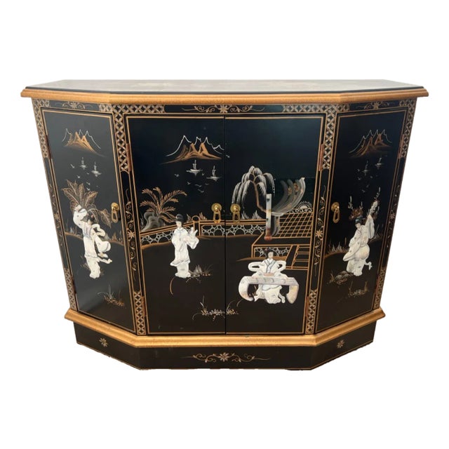 Vintage Chinese Console Cabinet Chinoiserie Mother of Pearl Applique Asian Style For Sale