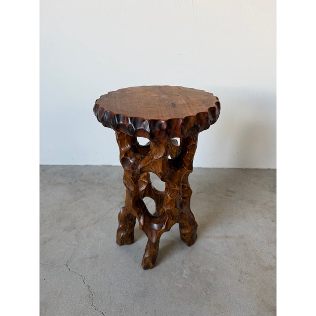 Vintage Organic Hand-Carved Mahogany Wood Plant Stand / Pedestal Table For Sale - Image 10 of 12