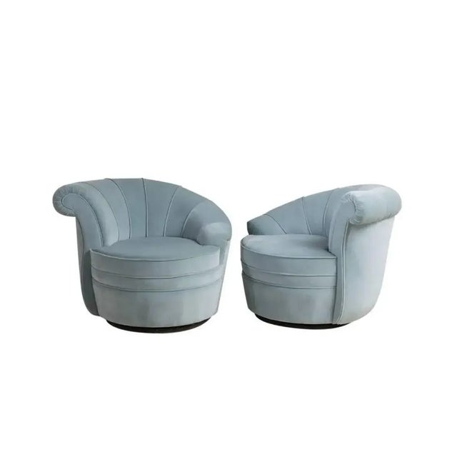 Mid-Century Modern Kagan Style Soft Blue Channel Back Nautilus Swivel Chairs - A Pair For Sale - Image 3 of 10