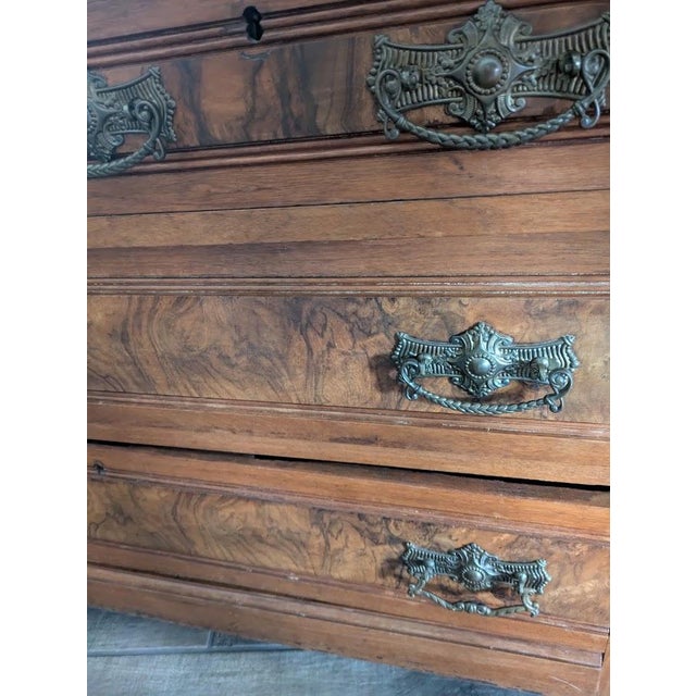 Victorian 1880s Antique Victorian Eastlake Walnut & Burl Walnut Marble-Top Dresser With Mirror For Sale - Image 3 of 4