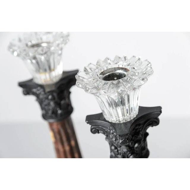 Glass French Antique Pair of Column Marble & Glass Candlesticks/Candleholders For Sale - Image 7 of 13