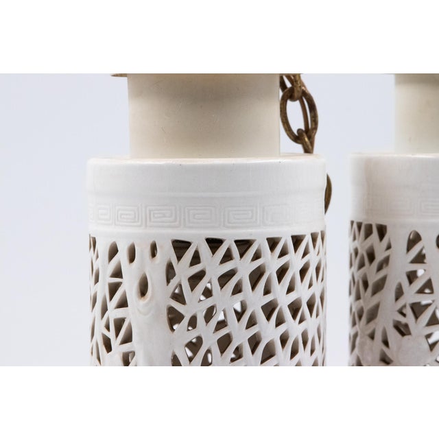 Chinoiserie Mid 20th Century White Pierced Ceramic Pendant Lights With Brass Hardware - a Pair For Sale - Image 3 of 11