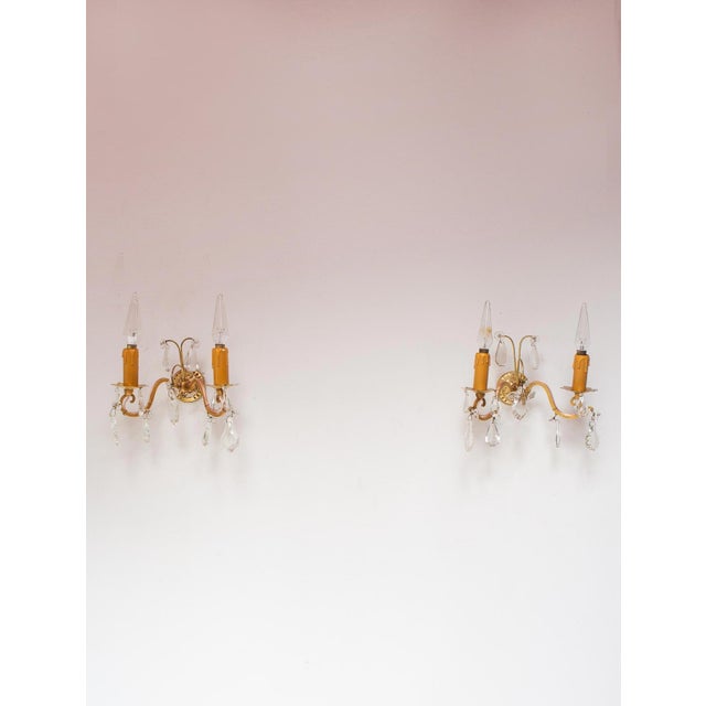French Brass and Crystal Wall Sconces, 1950s, Set of 2 For Sale - Image 3 of 7