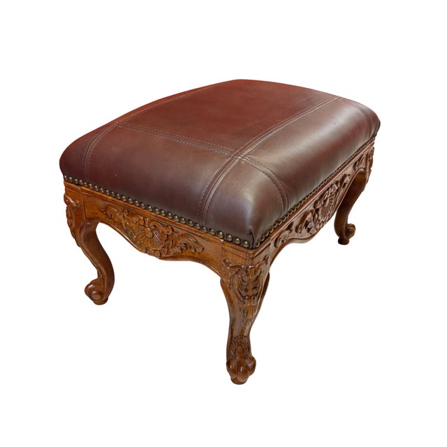 Louis XV Style Carved Wood Footstool Ottoman With Faux Leather & Nailhead Trim For Sale - Image 4 of 5