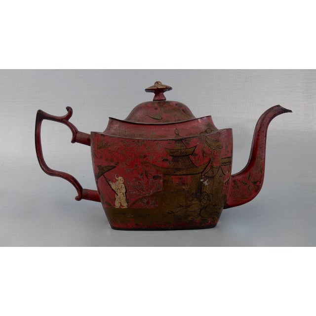 Antique Georgian Red Tole Peinte or Toleware Teapot with Chinoiserie Decoration For Sale - Image 4 of 11