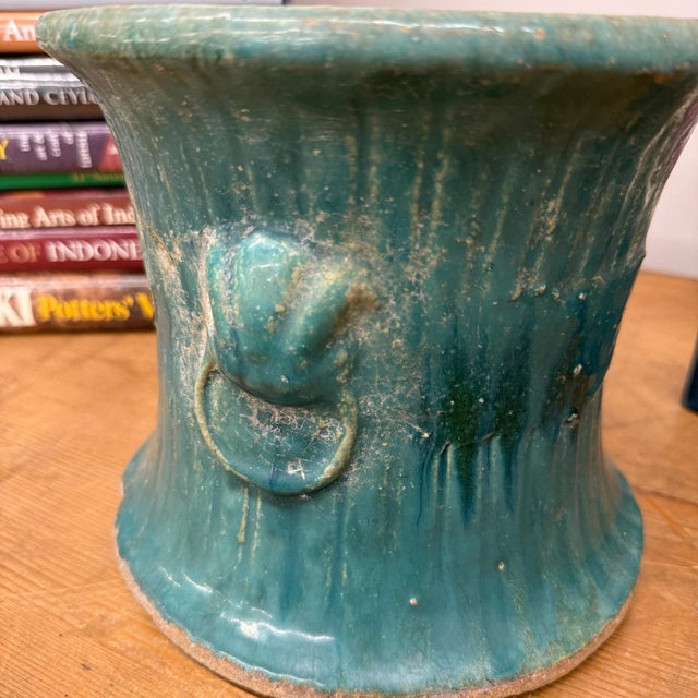 Green and Teal Glazed Planter with Drum Style Form For Sale In New York - Image 6 of 10