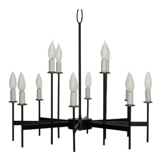 American Black Iron and Brass Lightolier Chandelier, Mid-20th Century Modern For Sale
