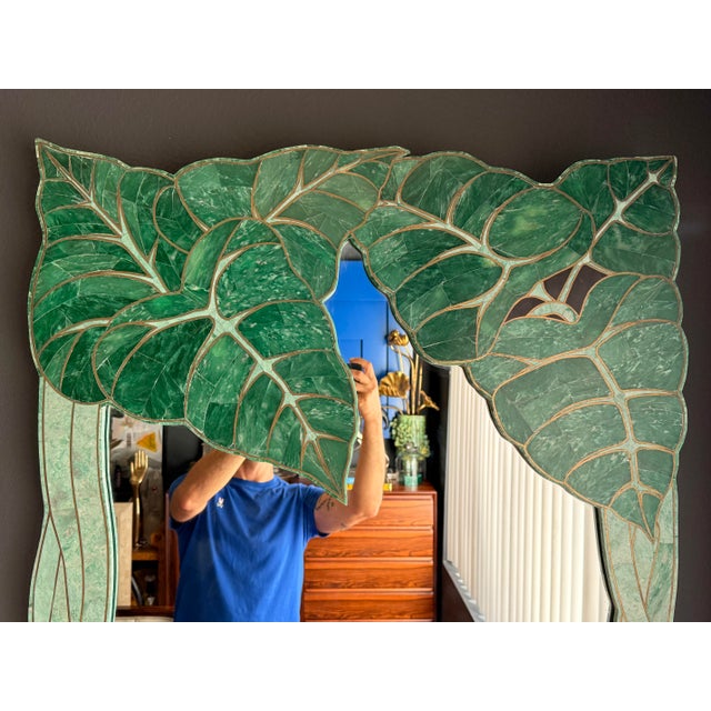 Hollywood Regency 1980s Tessellated Green Stone Monstera Leaf Wall Mirror For Sale - Image 3 of 12
