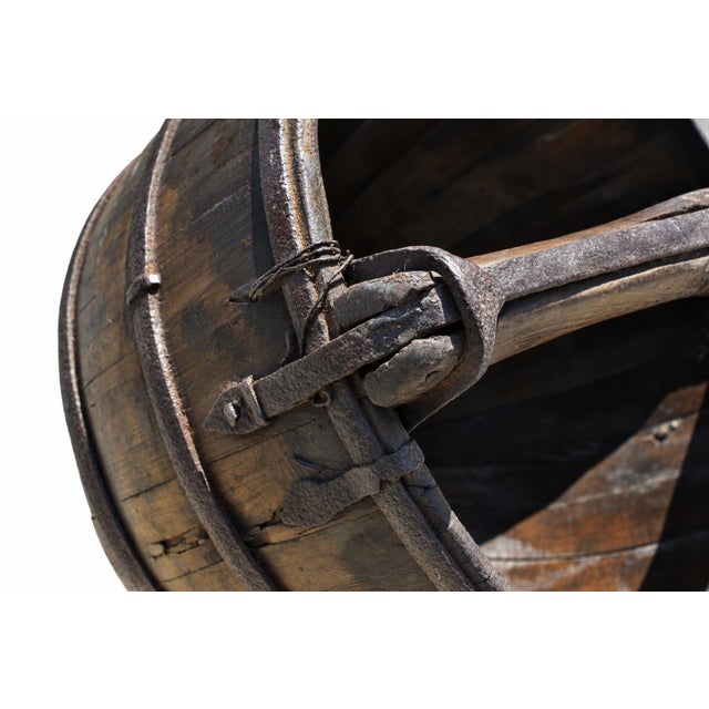 Giant Wooden Well Bucket With Iron Bands 19th Century Chinese Rustic 20lb Firewood Holder For Sale - Image 16 of 18