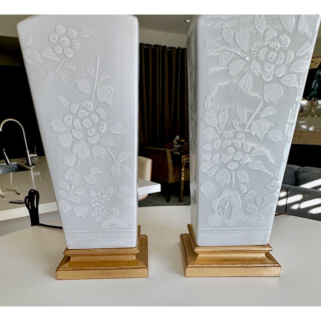 Pair Japanese Blanc De Shine Embossed Porcelain Table Lamps For Sale - Image 10 of 12