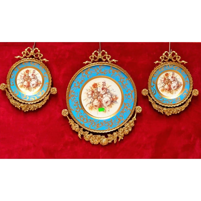 Set of 3 Baroque Ceramic Sky Blue Wall Art Pieces With Ornate Gold Frames & Floral Artwork For Sale - Image 4 of 4