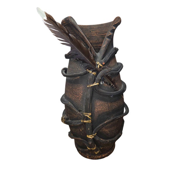 Mid 20th Century Handmade Primitive Clay Vase W/ Wrapped Vine & Feather | Tribal Boho Rustic Deco For Sale - Image 13 of 13