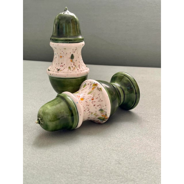 Shabby Chic Vintage Green Multicolored Glaze Ceramic Salt & Pepper Shakers- a Pair For Sale - Image 3 of 10