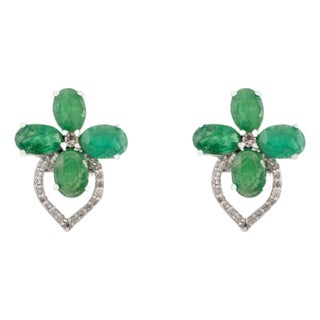 Emerald Clover Bloom With Diamond Heart Drop Dainty Earrings- 2 Pieces For Sale