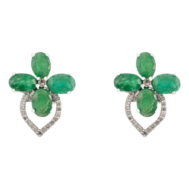 Emerald Clover Bloom With Diamond Heart Drop Dainty Earrings- 2 Pieces For Sale