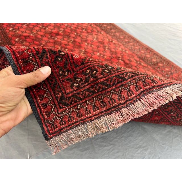 Vintage Turkoman Bashiri Hand-Knotted Wool Rug – Deep Red Geometric Pattern Rug For Sale - Image 9 of 11