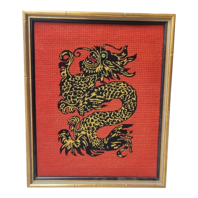 Vintage Handmade Red Black Chinese Dragon Needlepoint Framed Bamboo Wall Art For Sale