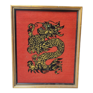 Vintage Handmade Red Black Chinese Dragon Needlepoint Framed Bamboo Wall Art