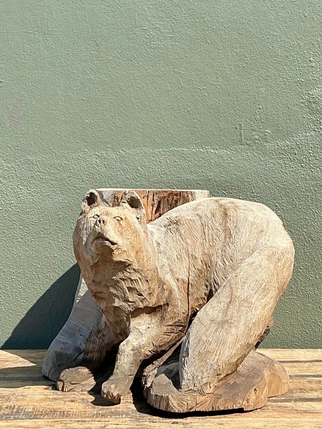 Vintage Hand Carved Fox on Stump - Side view
