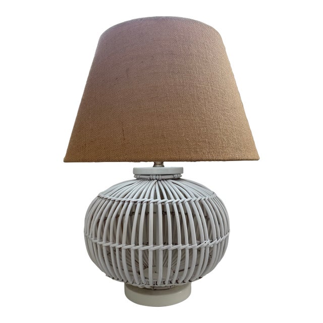 Ralph Lauren White Rattan Table Lamp With Natural Burlap Shade For Sale