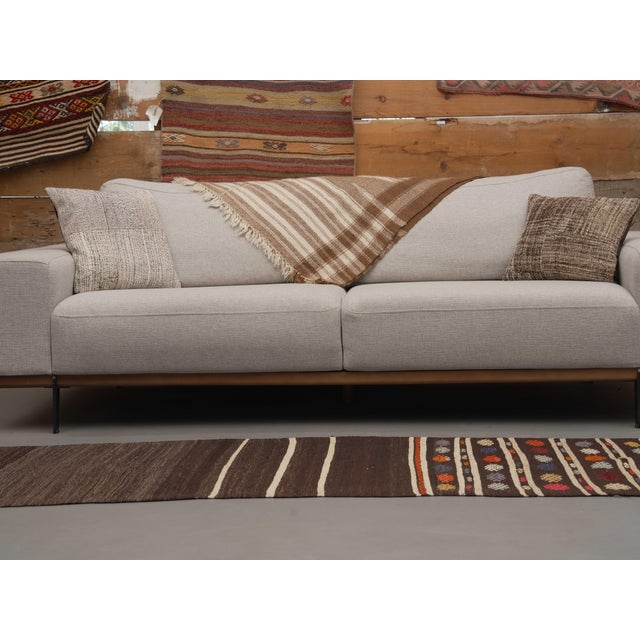 1970s Vintage Handmade Wool Cotton Brown Kilim Runner Rug For Sale - Image 10 of 11
