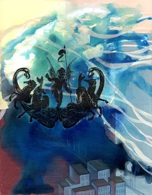 "Underwater I, Cherub" Contemporary Abstract Surrealist Aquatic Mixed-Media Collage