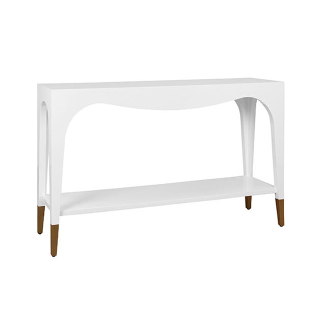 Contemporary Matthew Izzo Home Laverne Glossy White Lacquer Two Tier Console Table With Antique Brass Feet And For Sale - Image 3 of 8