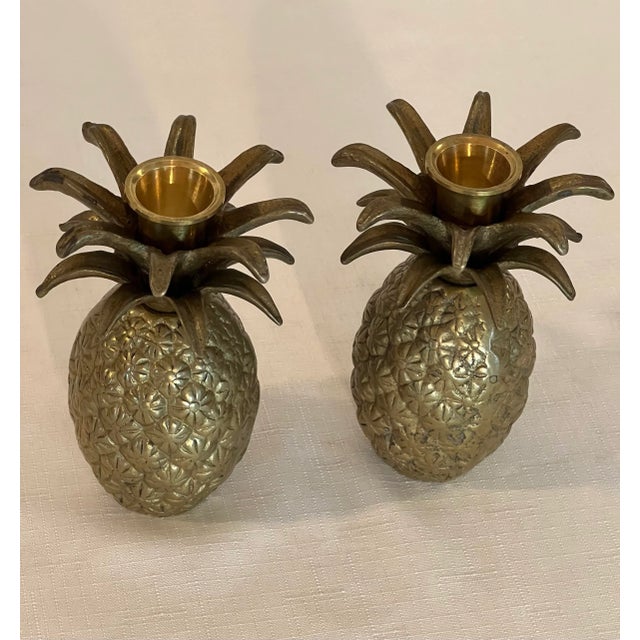 Metal Vintage Boho Chic Brass Pineapple Candlestick Holders - A Pair For Sale - Image 7 of 11
