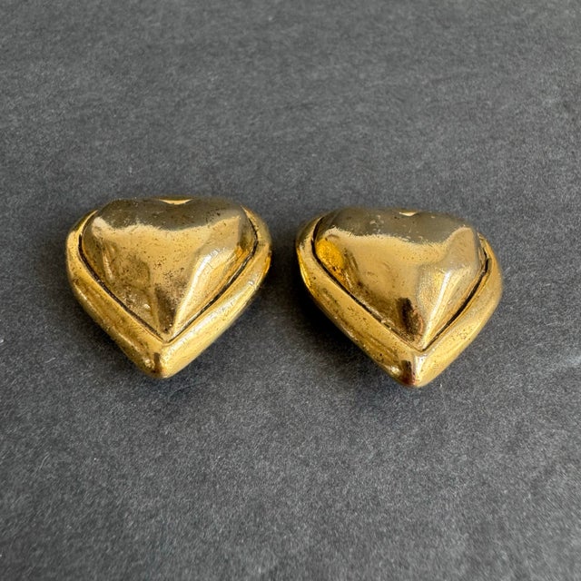 French Vintage Puffy Heart Earrings Gold Tone Clip on Statement Jewelry 80s Designer For Sale - Image 3 of 10