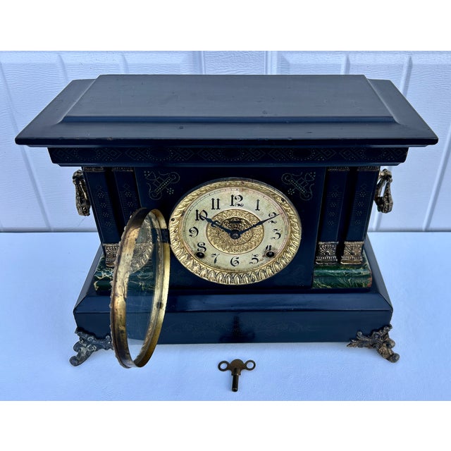 Antique E. Ingraham Adrian Mantle Clock Faux Green Marble Double Pillars W/Key For Sale - Image 11 of 15
