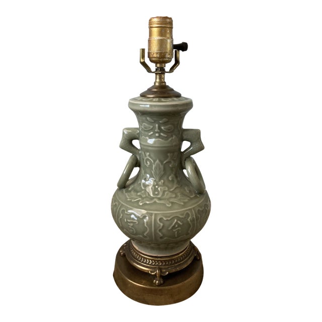 Mid 20th Century Deep Green Celadon and Brass Chinese Table Lamp For Sale