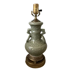 Mid 20th Century Deep Green Celadon and Brass Chinese Table Lamp