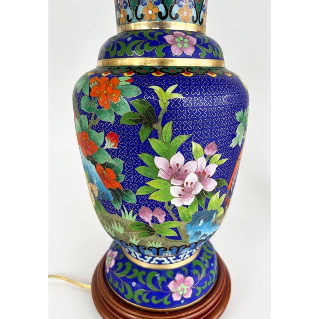 Late 20th Century Chinese Cloisonné Table Lamps Birds Flowers, New String Shades, Pair For Sale In Miami - Image 6 of 15