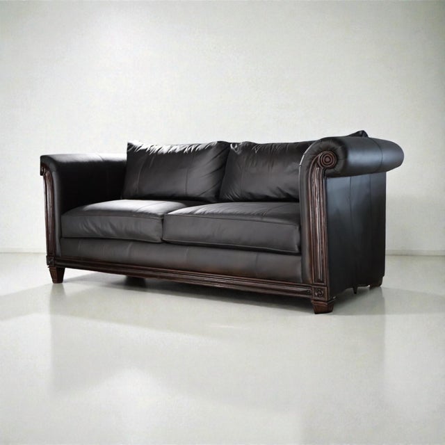 Contemporary Black Leather Sofa With Carved Wood Base – Classic Rolled Arm Design For Sale - Image 3 of 9