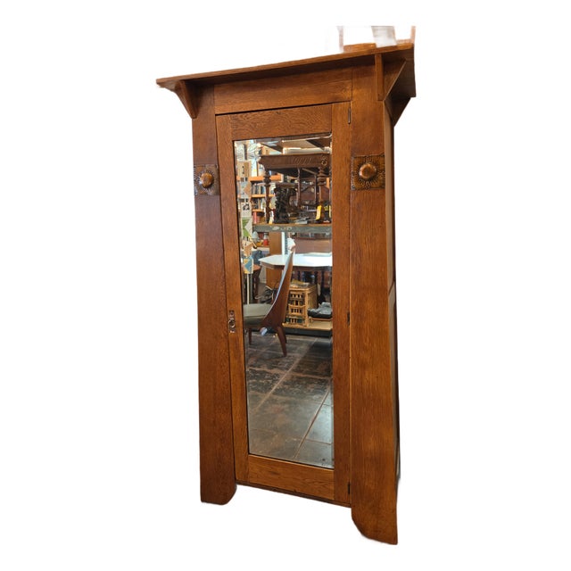 Arts & Crafts Liberty Style Oak Mission Armoire Hand Hammered Copper Accents For Sale