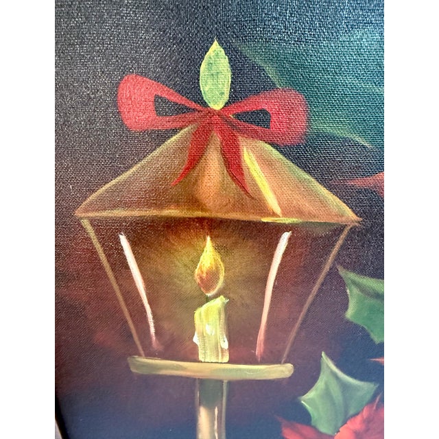 Vintage Original Poinsettia and Lantern Christmas Holiday Painting, Signed Norma For Sale - Image 4 of 8