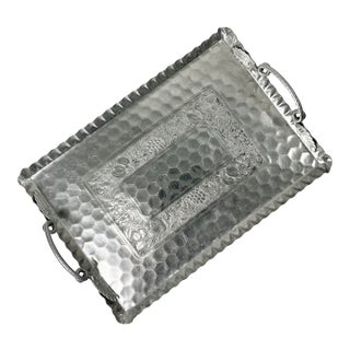 1950s Vintage Boho Chic Arts & Crafts Hand Wrought Etched Aluminum Serving Tray For Sale