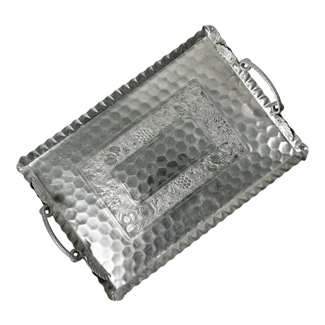 1950s Vintage Boho Chic Arts & Crafts Hand Wrought Etched Aluminum Serving Tray For Sale