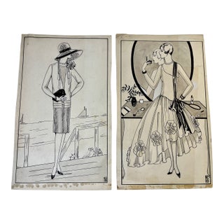 Vintage Original Fashion Illustration Drawings - Set of 2 For Sale