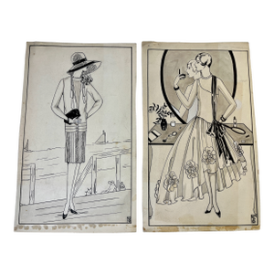 Vintage Original Fashion Illustration Drawings - Set of 2