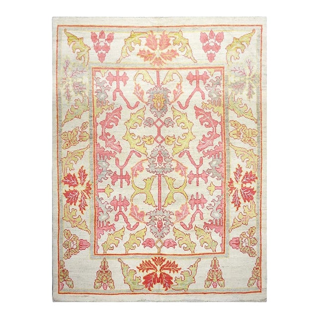 21st Century Persian Oushak Wool 8x11 Ivory, Pink, & Yellow Handmade Area Rug #1143979 For Sale