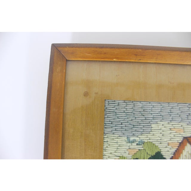 1930s Vintage Framed Crewel Embroidery Art Cottage and Flowers For Sale - Image 5 of 11