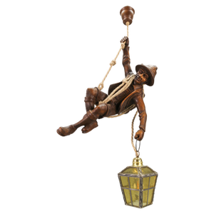 Large German Pendant Light Fixture with Carved Climber Figure and Lantern, 1930s