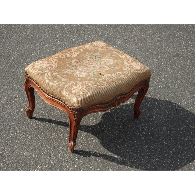 Antique French Country Brown Floral Needlepoint Footstool | Chairish