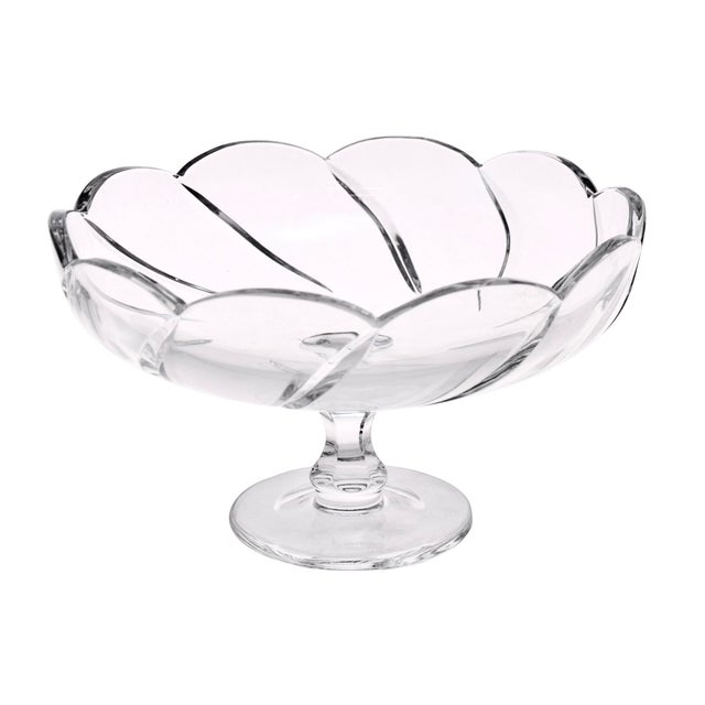 Large eight inch vintage crystal pedestal bowl with hand cut vertical ribs that extend up to meet the gentle scallop rim...
