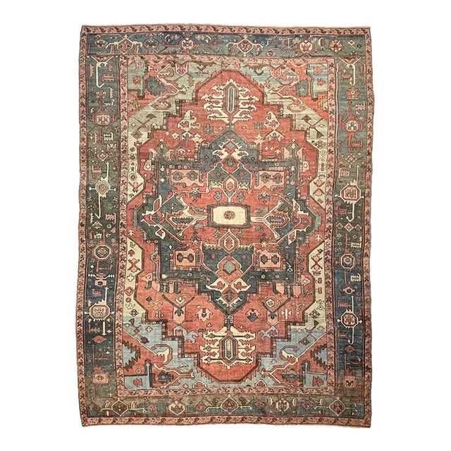 Antique Terracotta Sage Green Ice Blue & Eggshell Rug 9.3 X 14 For Sale