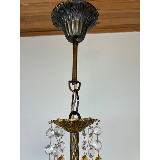 Glass Rare Vintage Brass Crystal Chandelier | 1960s | Amber & Clear Crystal Pendant Light For Sale - Image 7 of 16