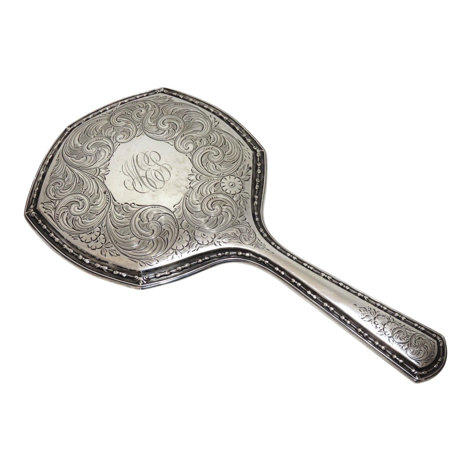 Fine Fancy Hand Engraved Antique Sterling Silver Ladies Vanity Mirror