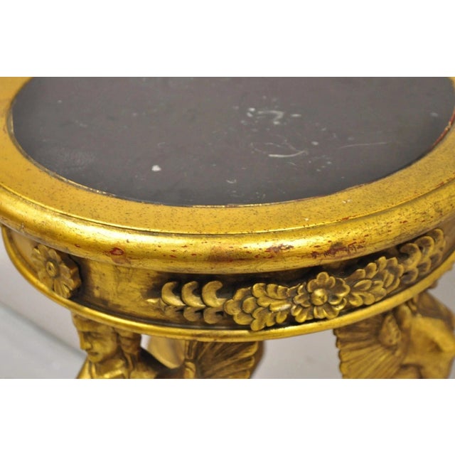 Late 20th Century Egyptian Revival Gold Giltwood Marble Top Sphinx Pedestal Side Table Plant Stand For Sale - Image 9 of 12