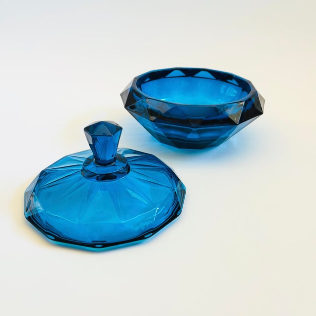 Viking Glass Bluenique Diamond Point Lidded Bowl For Sale - Image 9 of 12